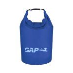 A blue waterproof dry bag with a gathered top and carrying handle, featuring a logo on the front.