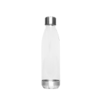 A drink bottle featuring a clear body with a stainless steel base and cap. It has a sleek, modern design.