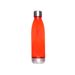 A drink bottle in bright red with a stainless steel base and cap, featuring a logo.