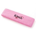 A pink plush terry sport headband featuring a logo, made from soft fabric for comfort.