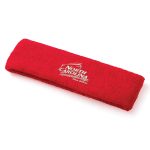 A red plush terry sport headband with a branded logo, designed for headwear use.