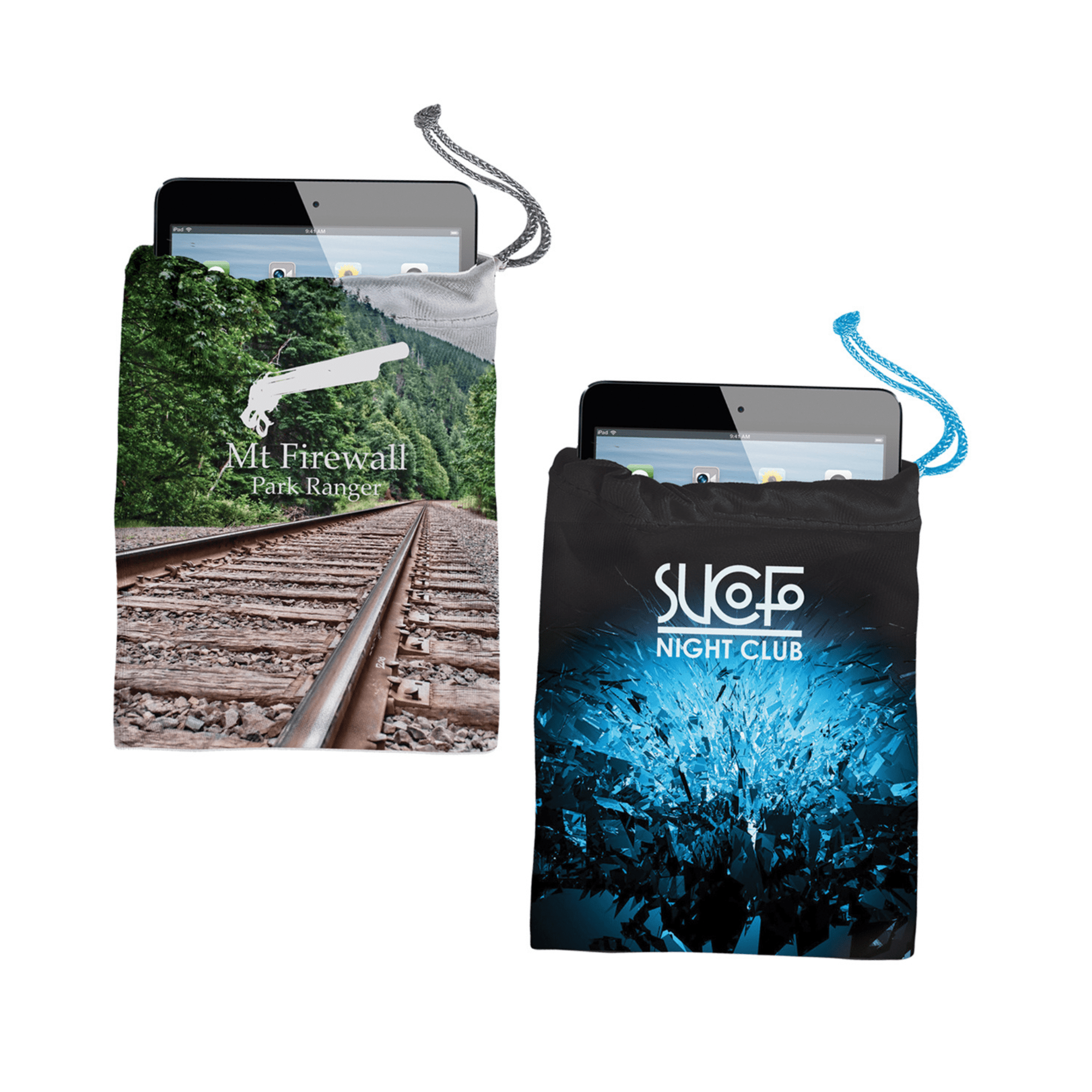 Two microfibre tablet pouches in grey and black, each holding a tablet, featuring different designs and logos. Two microfibre tablet pouches in grey and black, each holding a tablet, featuring different designs and logos.