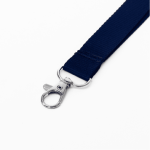 A navy blue ribbed lanyard featuring a metal clip for attaching items, designed for events and exhibitions.