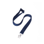A navy blue flat ribbed lanyard with a clip at one end and a buckle attachment.