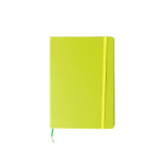 A5 notebook in bright lime green with a rubber band closure and a ribbon bookmark. Features a logo on the cover.