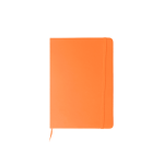 An orange A5 notebook with a ribbon bookmark and an elastic band for closure, featuring a logo.