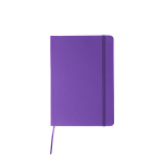 A5 notebook in vibrant purple with an elastic closure and a ribbon bookmark. Features a logo on the cover.