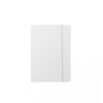 A5 notebook in white with a ribbon marker and an elastic band closure. It features a branding logo on the cover.