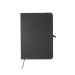 A fabric-covered A5 notebook in black, featuring an elastic band closure and a ribbon bookmark.