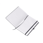 Fabric-covered A5 notebook with lined pages and a black elastic closure. The interior pages are blank and unmarked.