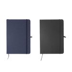 A fabric-covered A5 notebook in navy blue and black, featuring an elastic band closure and ribbon bookmark.
