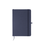A fabric-covered A5 notebook in navy blue, featuring an elastic band and a ribbon bookmark.