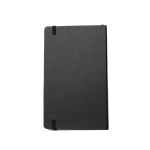 A black A5 premium hard cover notebook with elastic band closures and a smooth finish.