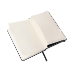 A5 Premium Hard Cover Notebook with a black exterior, featuring blank white pages and a ribbon bookmark inside.