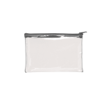 A clear PVC pencil case with a grey zip closure, suitable for storing stationery or small items.