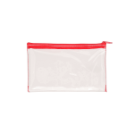 A clear PVC pencil case with a red zip, featuring a transparent design and a logo.