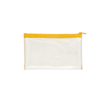 A clear PVC pencil case with a yellow zip. It features a transparent body for visibility.
