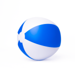 A beach ball featuring blue and white panels, ideal for leisure uses outdoors. Includes a logo.