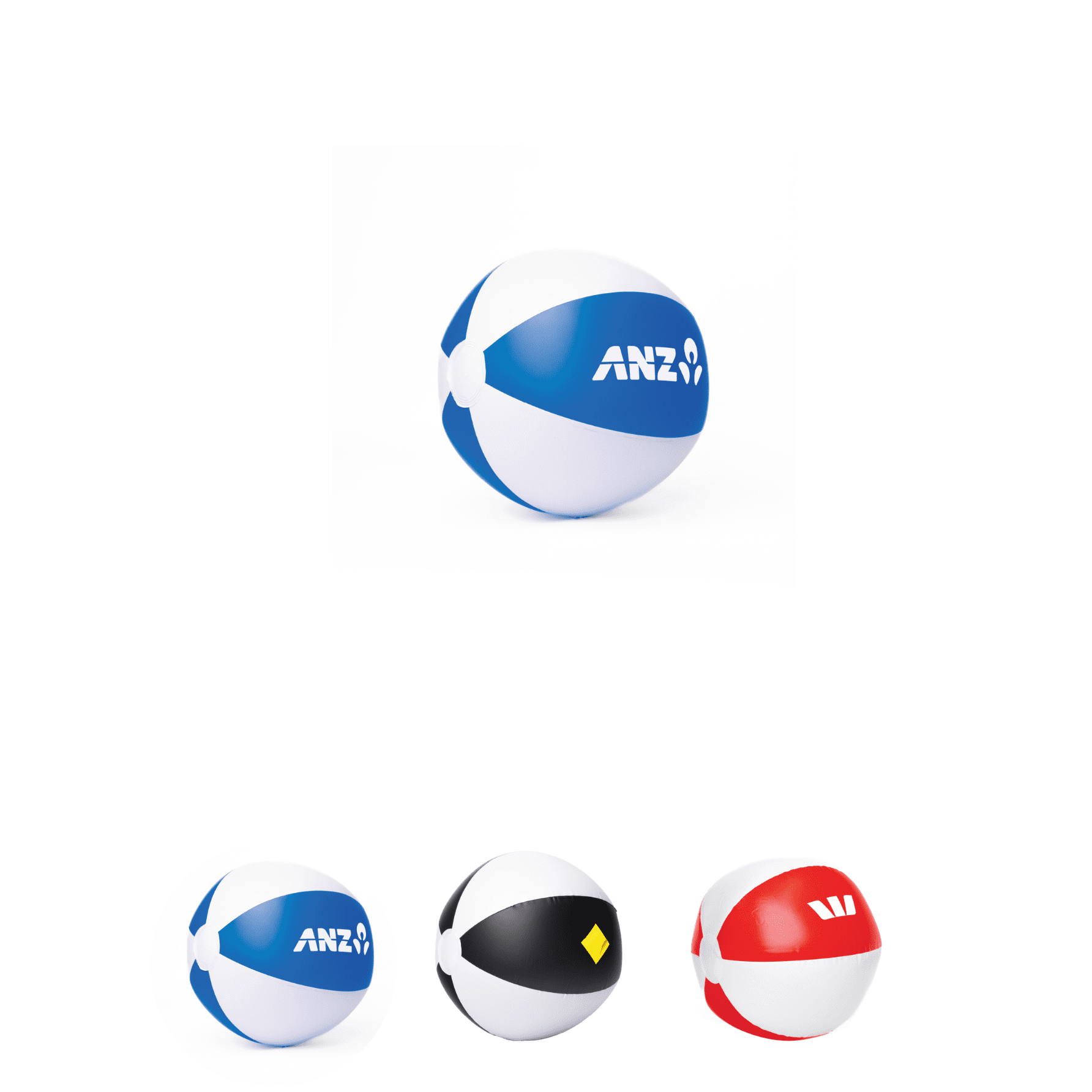 Beach balls in various colours: blue and white, yellow and black, and red and white, each featuring a logo. Beach balls in various colours: blue and white, yellow and black, and red and white, each featuring a logo.
