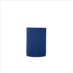 A blue neoprene stubby cooler with a branding logo, designed to hold drink bottles.
