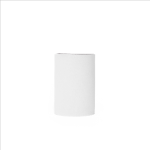 A white neoprene stubby cooler with a rounded top, featuring a logo. Ideal for holding drink bottles.