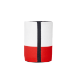 A drink bottle cooler in white and red, featuring a black seam and a logo. Ideal for keeping beverages cold.