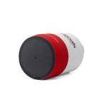 A stubby cooler featuring a red and white design with a textured black base and a logo.