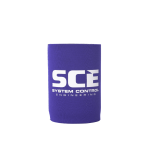 A purple stubby cooler featuring a logo for System Control Engineering. Suitable for holding drinks.
