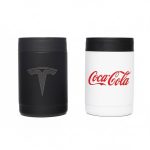 A stainless steel stubby holder in black and white featuring a logo on the black holder and branding on the white holder.