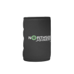 A black stubby holder with a logo, designed for keeping drinks cool. It features a sleek, neoprene finish.