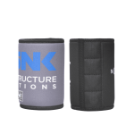 A stubby holder in grey and black, featuring a logo. Designed for keeping drinks cool.