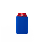 A blue stubby holder encases a red drink can, featuring a smooth, solid design with a logo.