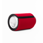 A red stubby cooler without base, featuring a sleek design and a black trimmed opening, suitable for drink bottles.