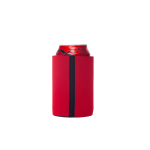 A red stubby cooler designed to fit a standard drink can, featuring a black stripe and a logo.