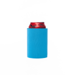 A bright blue stubby cooler holds a red can. The cooler features a simple design and includes a logo.