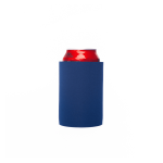 A stubby cooler in navy blue, holding a can, with a plain surface and a logo.