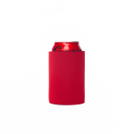 A red stubby cooler designed to fit around a standard drink can, with a smooth exterior and no base.