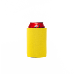 A bright yellow stubby cooler designed to hold a can securely, featuring a smooth surface and a logo.