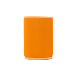 An orange neoprene stubby cooler with a contrasting trim, featuring a logo. Ideal for holding drink bottles.