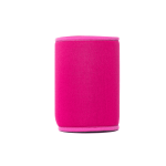 A pink neoprene stubby cooler with a contrasting trim and a logo on one side. Ideal for drinkware.