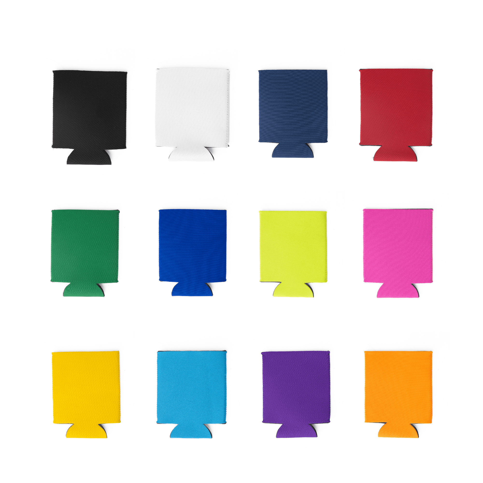 A collection of neoprene stubby coolers in various colours including black, white, red, green, blue, yellow, pink, and purple. A collection of neoprene stubby coolers in various colours including black, white, red, green, blue, yellow, pink, and purple.