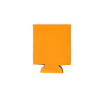 An orange neoprene stubby cooler with a collapsible design, featuring a logo.