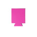 A pink neoprene stubby cooler, designed to fit around drink bottles, with a simple shape and a logo on it.