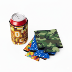 A drink can in a patterned stubby cooler accompanied by four brightly coloured coolers in various designs.