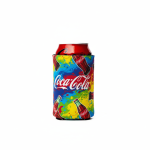 A collapsible stubby cooler in vibrant colours featuring a Coca-Cola design, holding a can.