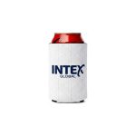 A white collapsible stubby cooler featuring a geometric pattern and a logo, designed to hold a beverage can.