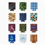 A collection of twelve colourful collapsible sublimation stubby coolers featuring various patterns and designs.