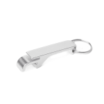 A drink bottle opener keyring in shiny silver metal, featuring a sleek design and a keyring attachment.