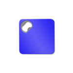 A drink bottle opener designed as a square coaster, featuring a vibrant blue colour with a metal opener.