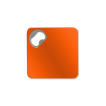An orange square coaster with a built-in bottle opener in one corner. It features a logo.